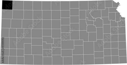 Black highlighted location map of the Cheyenne County inside gray map of the Federal State of Kansas, USA