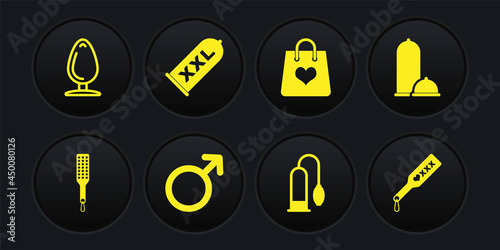 Set Spanking paddle, Condoms safe sex, Male gender symbol, Penis pump, Shopping bag with heart, and Anal plug icon. Vector