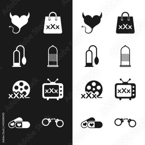 Set Condom safe sex, Penis pump, Devil heart with horns, Shopping bag triple X, Film reel Sex, tv old television, Handcuffs and Pills for potency icon. Vector