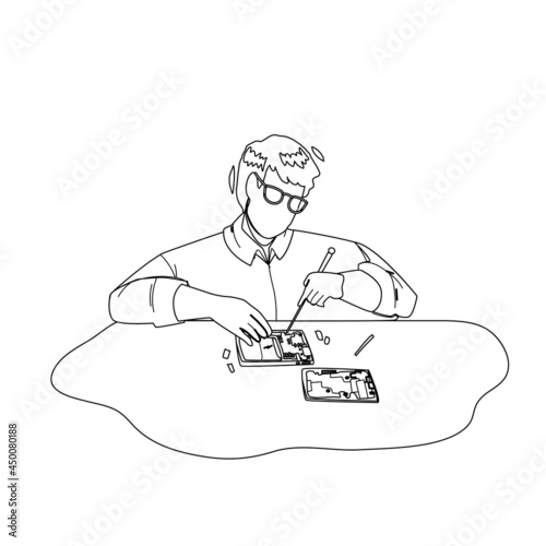 Smartphone Repair Service Worker Fix Gadget Black Line Pencil Drawing Vector. Young Man Damaged Smartphone Repair With Screwdriver Tool. Character Boy Fixing Broken Electronic Device Illustration