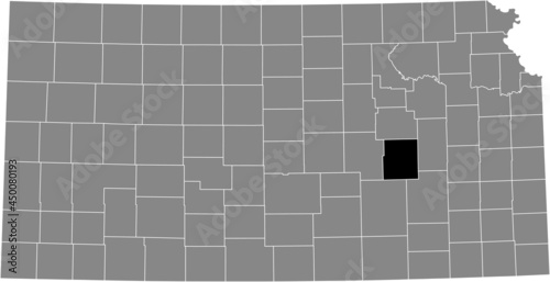 Black highlighted location map of the Chase County inside gray map of the Federal State of Kansas, USA