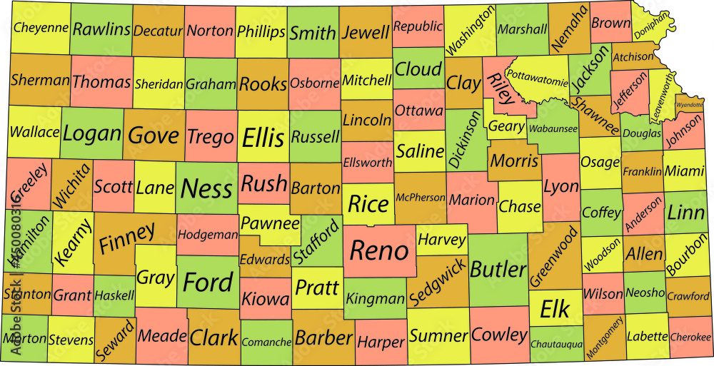 Naklejka premium Pastel vector map of the Federal State of Kansas, USA with black borders and names of its counties