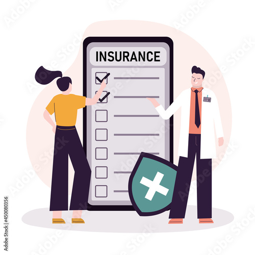 Male worker offers woman to take out medical insurance. Client takes out medical insurance online. Form to fill out on screen smartphone
