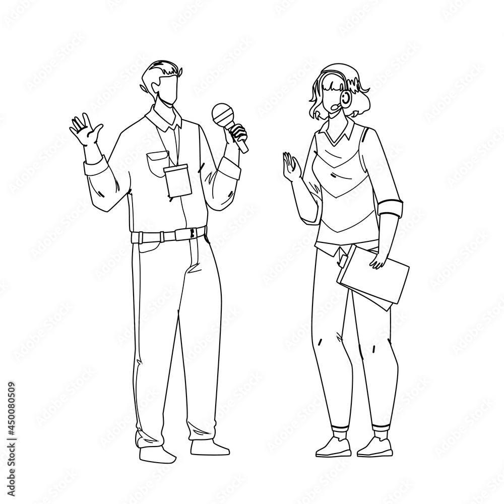 Speaker Man And Woman Speak On Conference Black Line Pencil Drawing Vector. Speaker Boy And Girl Couple Speaking On Business Meeting Or Festival, Sport Event Or Presentation. Characters Illustration