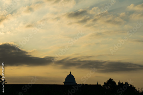 travel, silhouette and dome of mosque in indonesia