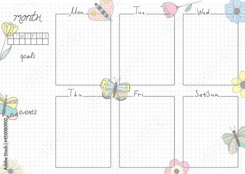 Printable A4 paper sheet, bullet journal page with hand drawn flowers and blank week planner, goals, events. Cute planner for daily planner template, blank for notebook.