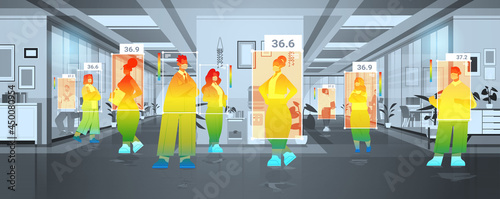 detecting elevated body temperature of businesspeople in office checking by non-contact thermal ai camera stop coronavirus