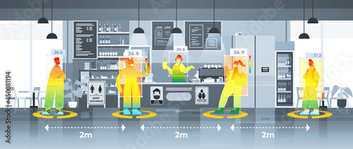 detecting elevated body temperature of people in cafe checking by non-contact thermal ai camera stop coronavirus