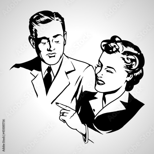 Retro Man and Woman Arguing Fighting Illustrated Cartoon Drawing