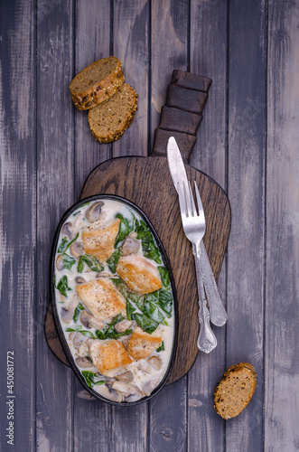 Fried bird breasts with stewed vegetables