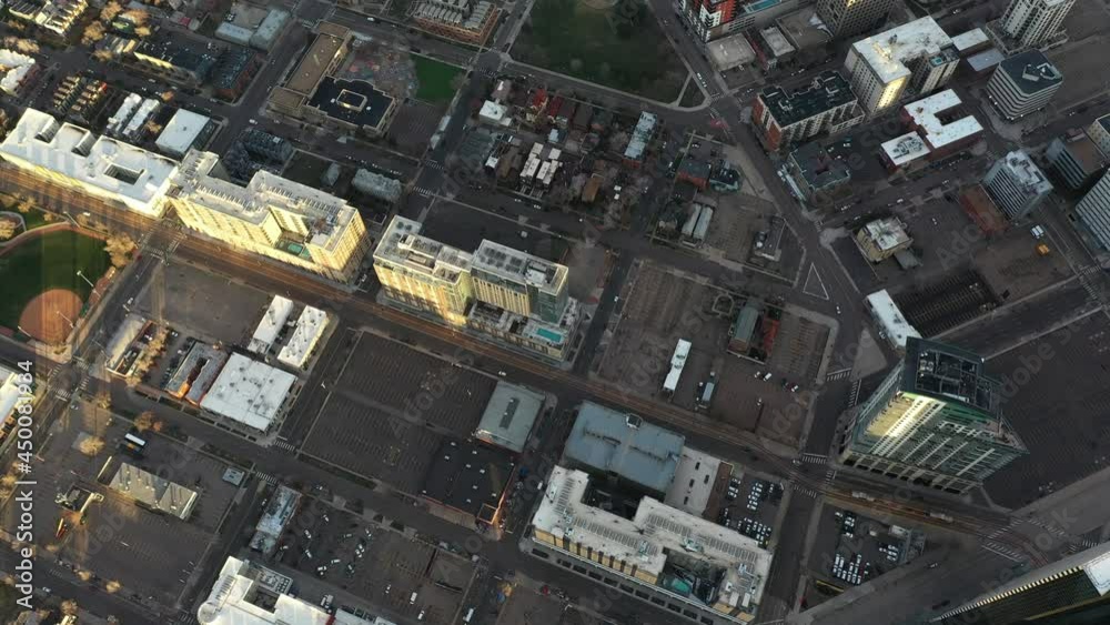 Aerial View of Empty Parking Lots and Buildings in Downtown Denver, Colorado USA Birdseye Drone Shot Aerial View of Empty Parking Lots and Buildings in Downtown Denver, Colorado USA Birdseye Drone Shot