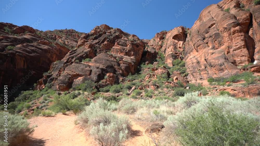 Steep Red Rock Sandstone Cliffs and Desert Vegetation, Panorama. St. George Trail Utah, USA. Steep Red Rock Sandstone Cliffs and Desert Vegetation, Panorama. St. George Trail Utah, USA.