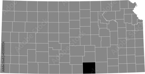 Black highlighted location map of the Sumner County inside gray map of the Federal State of Kansas, USA