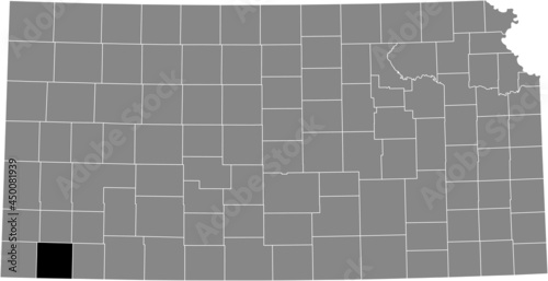 Black highlighted location map of the Stevens County inside gray map of the Federal State of Kansas, USA