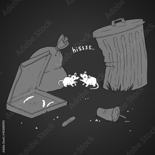 Baby Possums Hissing Near Garbage Cans and Trash Illustrated Cartoon Drawing