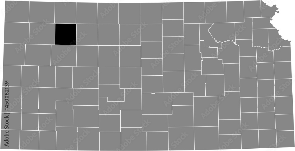 Black highlighted location map of the Sheridan County inside gray map of the Federal State of Kansas, USA