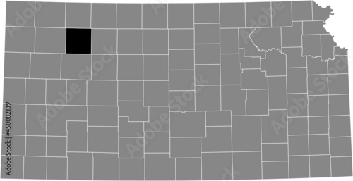 Black highlighted location map of the Sheridan County inside gray map of the Federal State of Kansas, USA