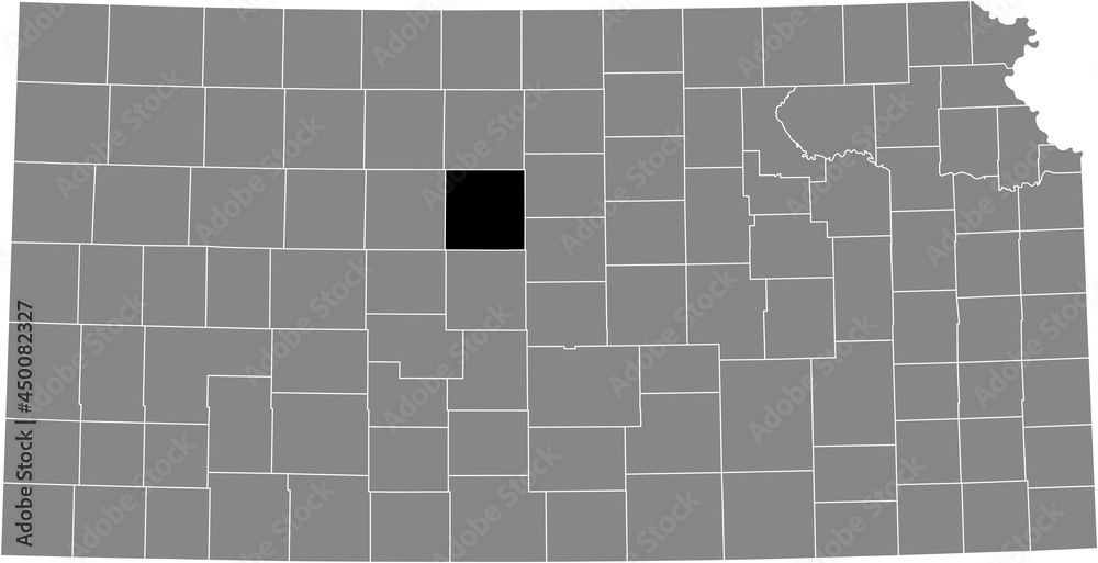 Black highlighted location map of the Russell County inside gray map of the Federal State of Kansas, USA