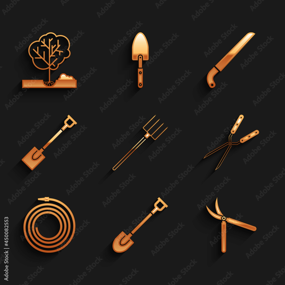 Set Garden pitchfork, shovel, Gardening handmade scissor, hose fire hose, saw and Planting tree the ground icon. Vector
