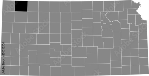 Black highlighted location map of the Rawlins County inside gray map of the Federal State of Kansas, USA