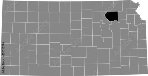 Black highlighted location map of the Pottawatomie County inside gray map of the Federal State of Kansas, USA
