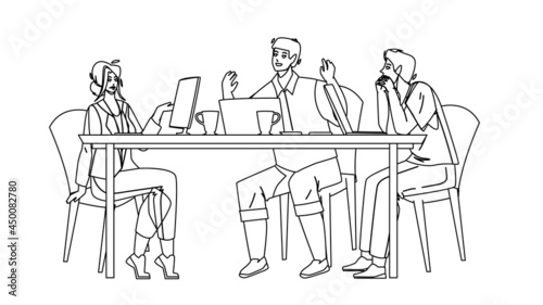 Team Work Together At Table In Office Room Black Line Pencil Drawing Vector. Colleagues Discussion About Project  Brainstorming And Developing Strategy  Employees Team Work. Characters Illustration