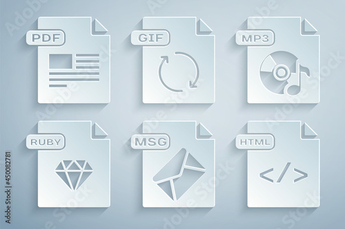 Set MSG file document, MP3, RUBY, HTML, GIF and PDF icon. Vector