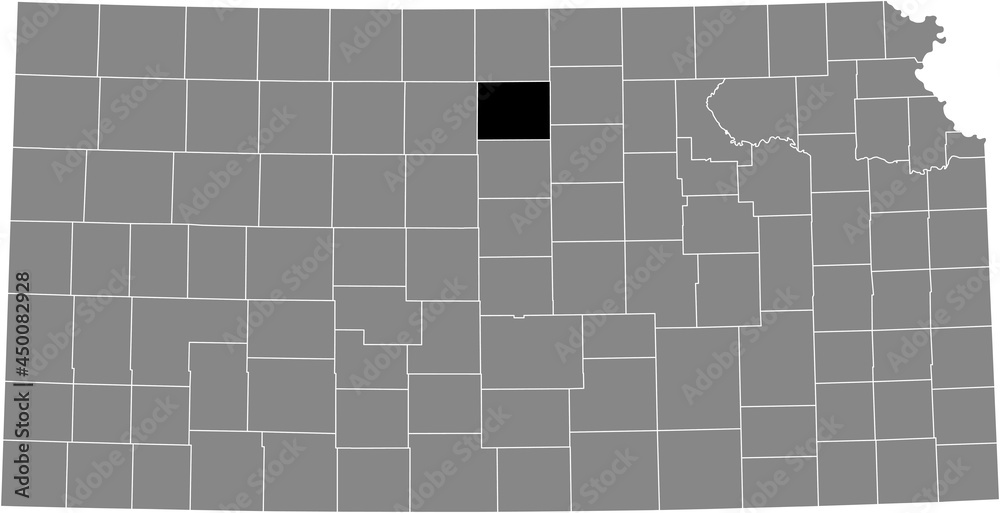 Black highlighted location map of the Mitchell County inside gray map of the Federal State of Kansas, USA