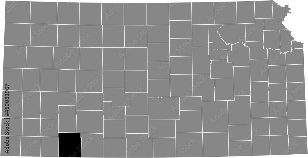 Black highlighted location map of the Meade County inside gray map of the Federal State of Kansas, USA