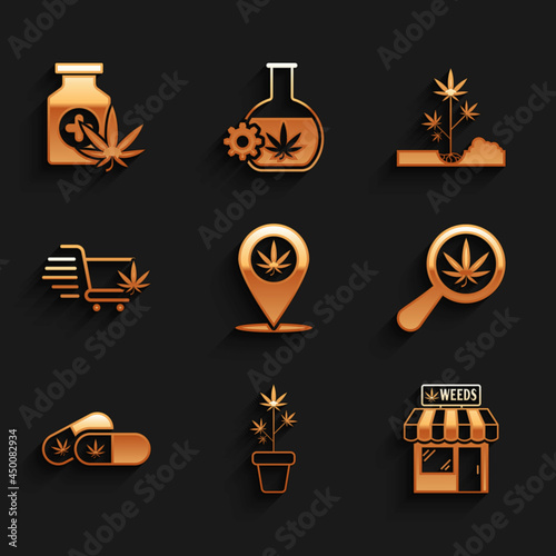 Set Location and marijuana, Marijuana plant in pot, cannabis store, Magnifying glass, Medical pills with, Shopping cart, Planting and bottle icon. Vector