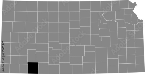 Black highlighted location map of the Meade County inside gray map of the Federal State of Kansas, USA
