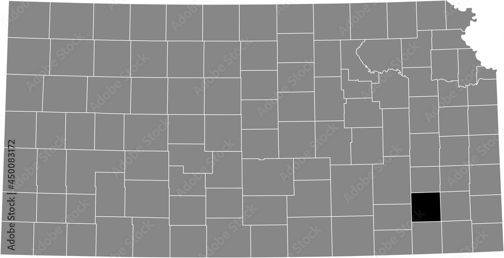 Black highlighted location map of the Wilson County inside gray map of the Federal State of Kansas, USA