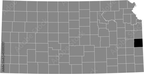 Black highlighted location map of the Linn County inside gray map of the Federal State of Kansas, USA