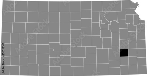 Black highlighted location map of the Woodson County inside gray map of the Federal State of Kansas, USA