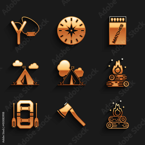 Set Tourist tent with flag, Wooden axe, Campfire, Rafting boat, Open matchbox and matches and Slingshot icon. Vector