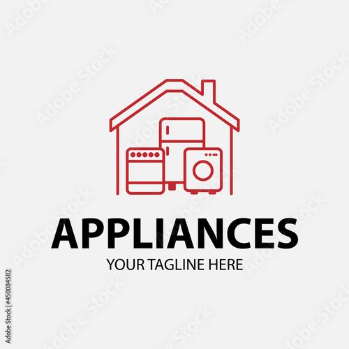 Modern minimalist home appliance store logo. Refrigerator stove and washing machine icon.
