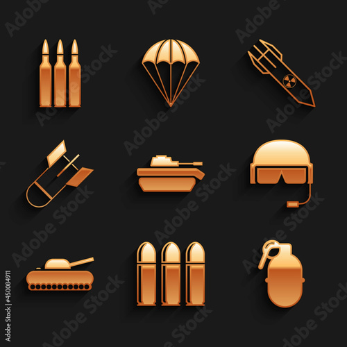 Set Military tank, Bullet, Hand grenade, helmet, Aviation bomb, Nuclear rocket and icon. Vector