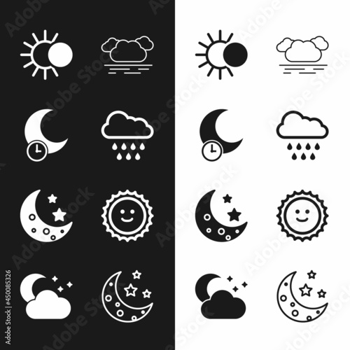 Set Cloud with rain, Sleeping moon, Eclipse of the sun, Moon and stars, Sun, and icon. Vector