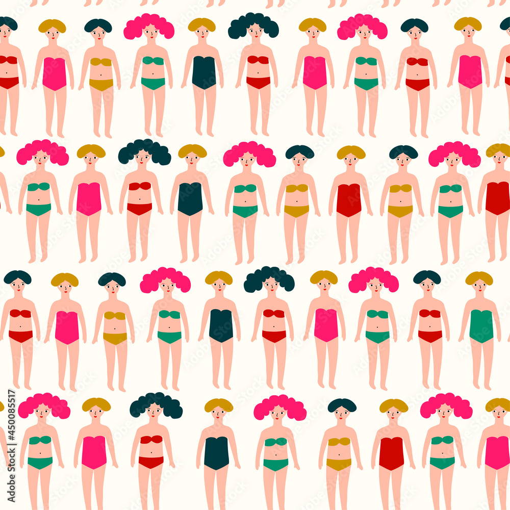 Repeated colorful background with figures of young girls in swimsuits. Cute vector illustration in hand drawn style. Swimming collection. Seamless pattern. Repeated colorful background with figures of young girls in swimsuits. Cute vector illustration in hand drawn style. Swimming collection. Seamless pattern.