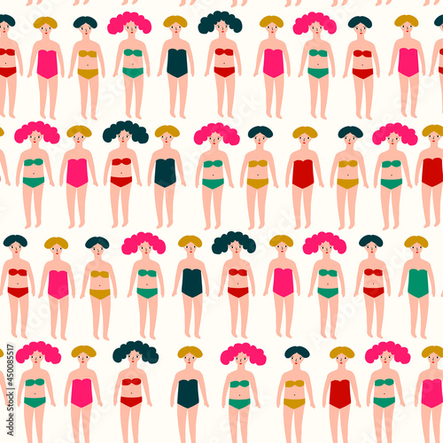 Repeated colorful background with figures of young girls in swimsuits. Cute vector illustration in hand drawn style. Swimming collection. Seamless pattern.