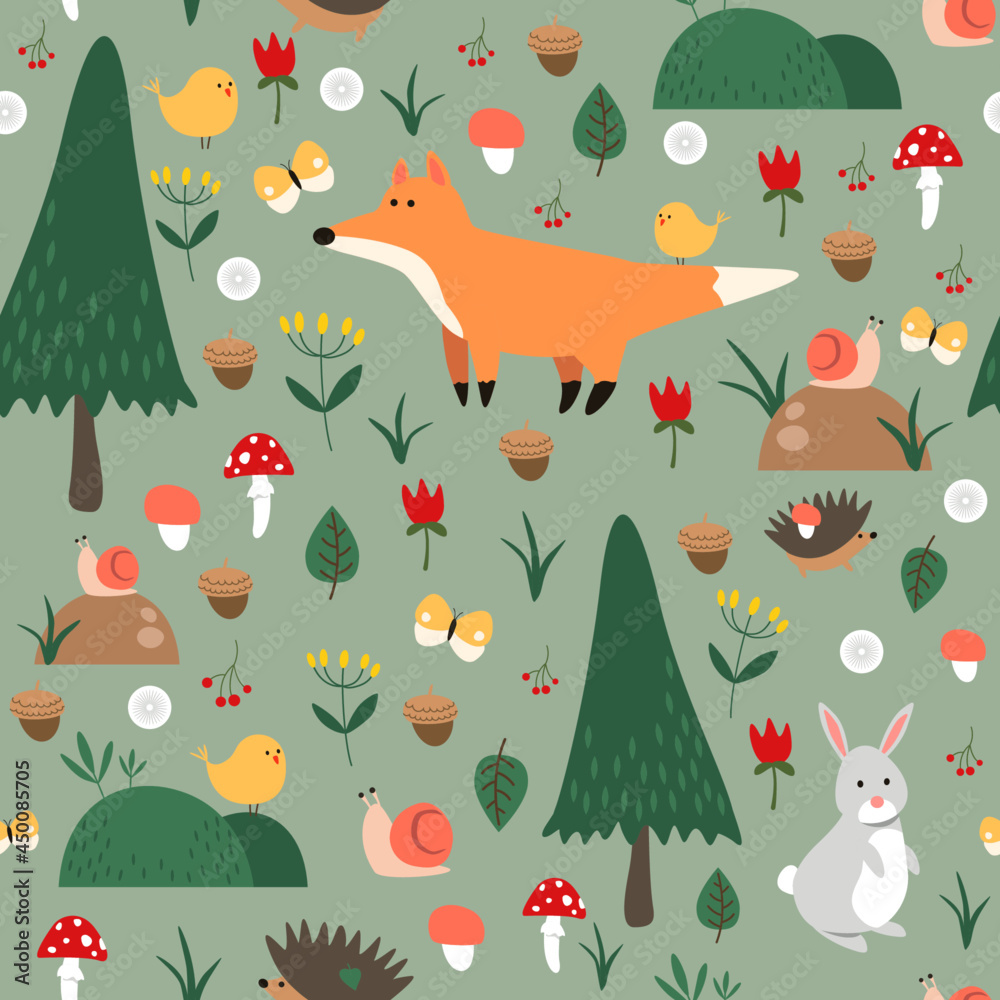 Seamless pattern with cute cartoon foxes, hares, birds, hedgehogs and snails in green forest. Vector illustration.