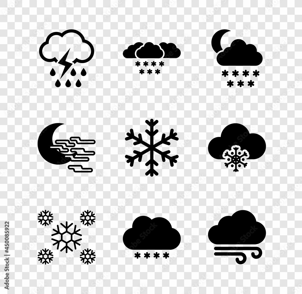 Set Cloud with rain and lightning, snow, moon, Snow, and Windy weather icon. Vector Set Cloud with rain and lightning, snow, moon, Snow, and Windy weather icon. Vector