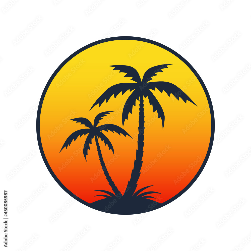 Coconut palms at sea sunset view. Symbol tropical island. Resort logo. Vector illustration