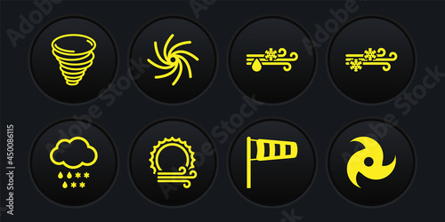 Set Cloud with snow and rain, Wind, sun, Cone meteorology windsock wind vane, Tornado, and icon. Vector