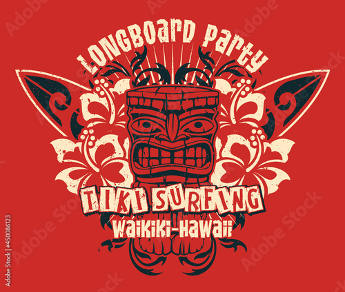 Hawaii Waikiki Tiki longboard surfing team  vector print for t shirt, grunge effect in separate layer