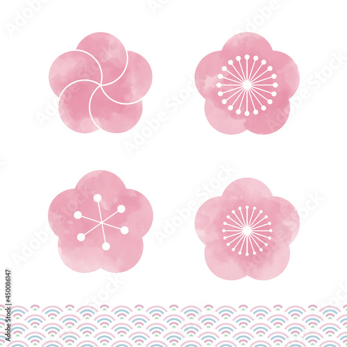 日本の梅と桜の花のセット。縁起の良い和柄のパターン。白い背景に水彩画のベクターイラスト。