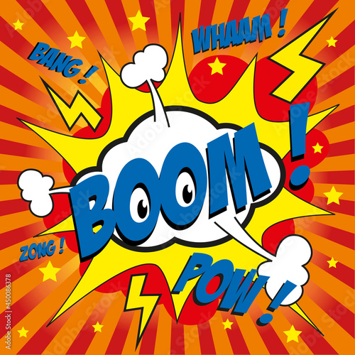 Concept de la vitalité et de l’énergie chez les enfants, avec le mot boom écrit façon bande dessinée.