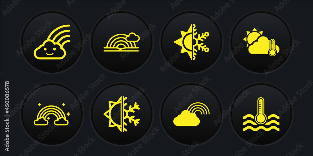 Set Rainbow with clouds, Thermometer and cloud, sun, Sun snowflake, Water thermometer and icon. Vector Set Rainbow with clouds, Thermometer and cloud, sun, Sun snowflake, Water thermometer and icon. Vector