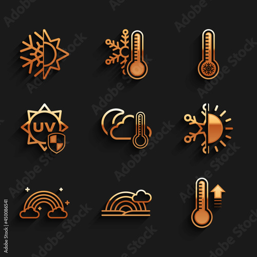 Set Thermometer and cloud, moon, Rainbow with, Meteorology thermometer, Sun snowflake, clouds, UV protection, and icon. Vector