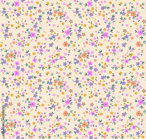 Beautiful floral pattern in small abstract flowers. Small colorful flowers. Ecru white background. Ditsy print. Floral seamless background. The elegant the template for fashion prints. Stock pattern.